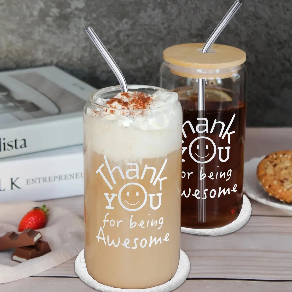 Bicchiere con coperchio e cannuccia, bicchieri da cocktail con sottobicchiere, bicchieri da birra da 500ML, set di bicchieri adatti per tazze di caffè freddo, limonate, frullati, birra