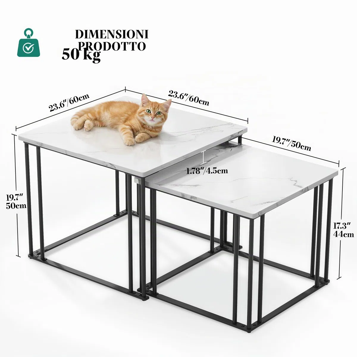 YITAHOME Set di 2 tavolini da salotto in legno, moderni tavolini da cocktail con struttura in metallo, per soggiorno, sala da pranzo, cucina, bianco