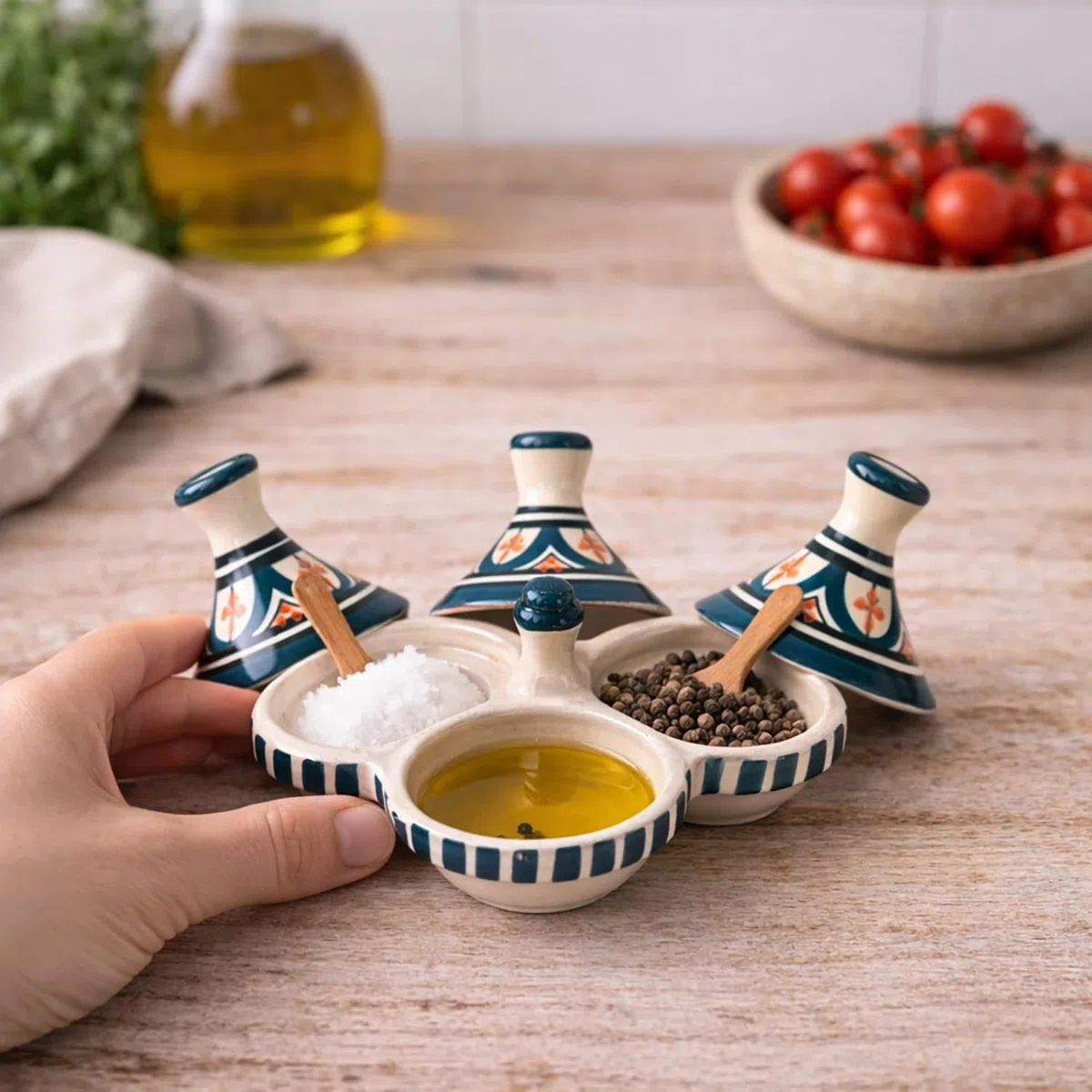 Mini Tajine Triplo Porta Spezie in Ceramica Terracotta Marocchina di Safi - Eleganza Artigianale 3012250804 Tunisia Turchia Etnico del Modno