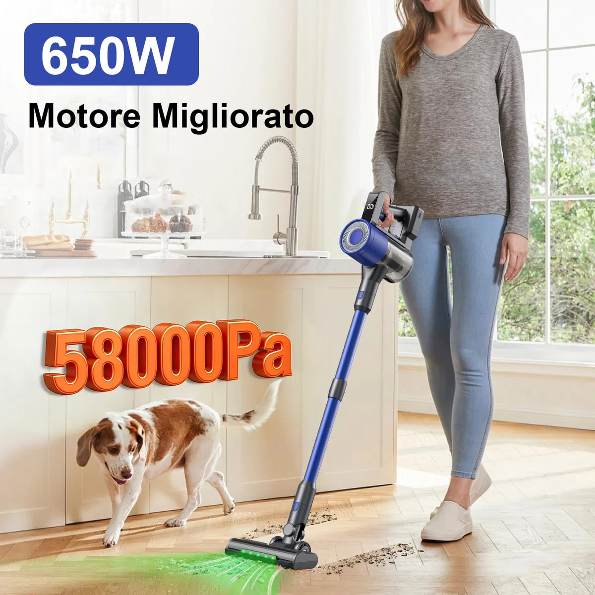 Aspirapolvere Senza Fili Potente 650W/58KPA/60Mins, Scopa Elettrica Senza Fili Anti-Groviglio LED Peli Animali, 2,3kg Ultraleggero, 2L Senza Sacco, Filtro HEPA,Pavimenti Duri e Tappeti (BLUE)