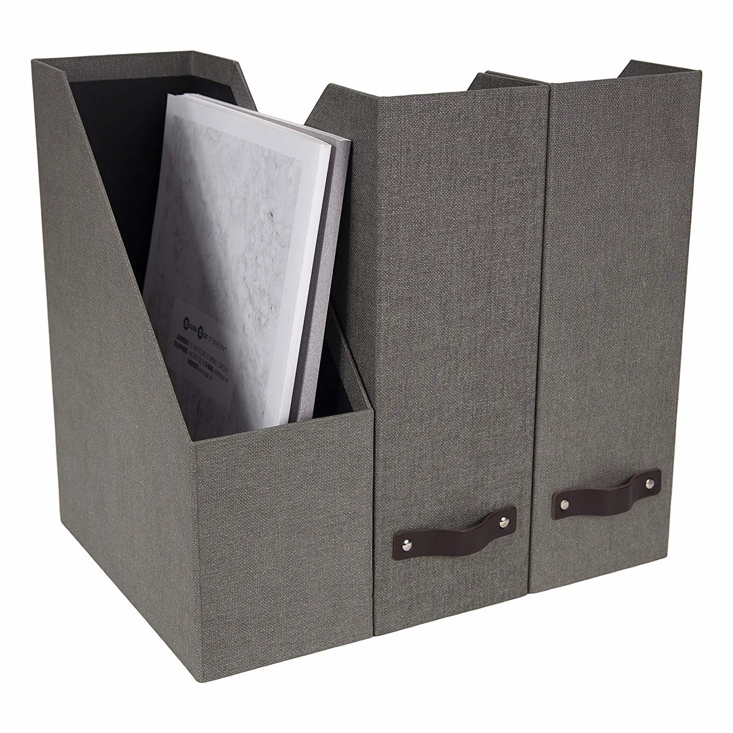 Bigso Box of Sweden Porta riviste con maniglia in pelle – Raccoglitore ufficio in fibra di legno e carta con effetto lino – Portadocumenti scaffali per riviste, cartelle o giornali – grigio