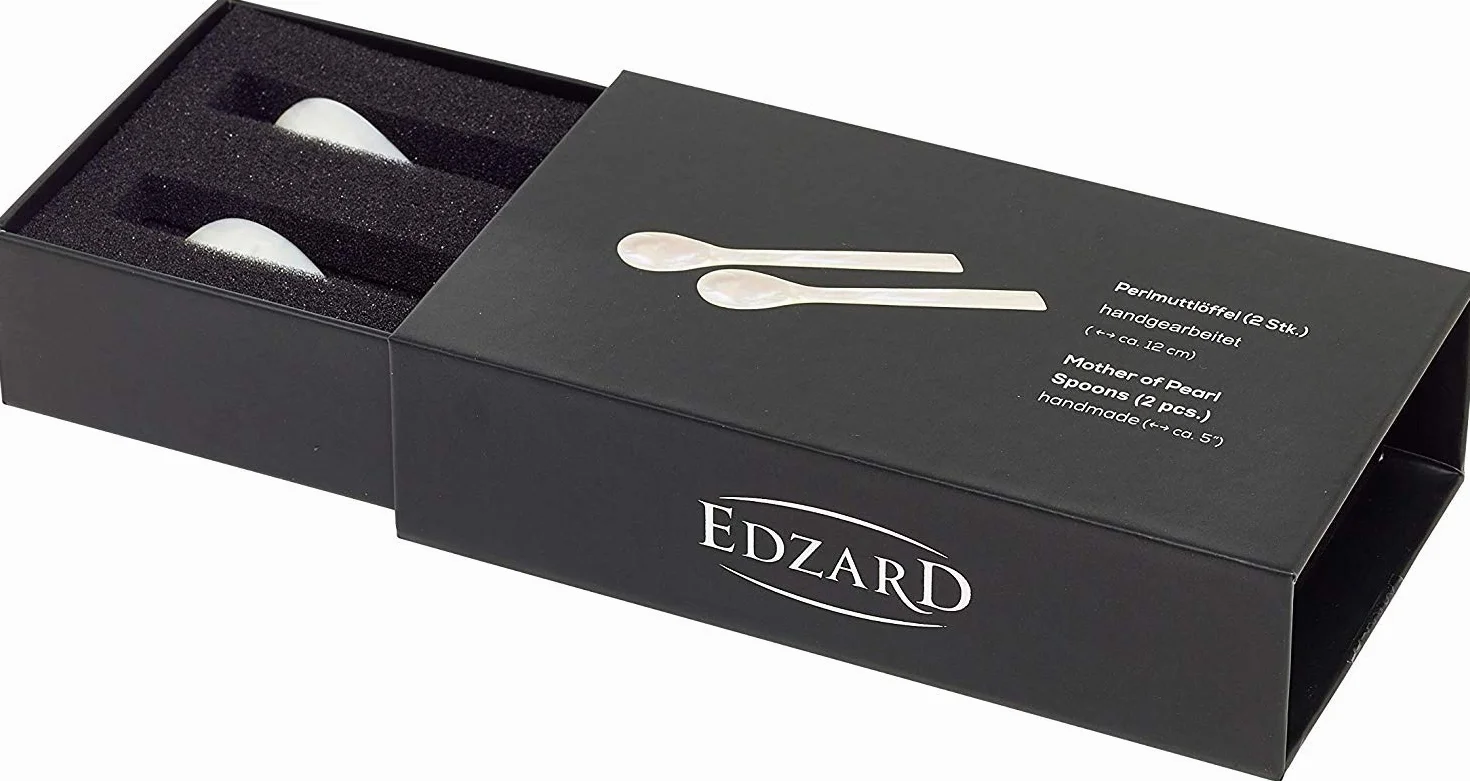 EDZARD Set di 2 cucchiai per uova, in autentica madreperla di fiume (non perla coltivata!), fatti a mano di alta qualità, lunghezza circa 12 cm, bordo dritto, incluso scatola stabile