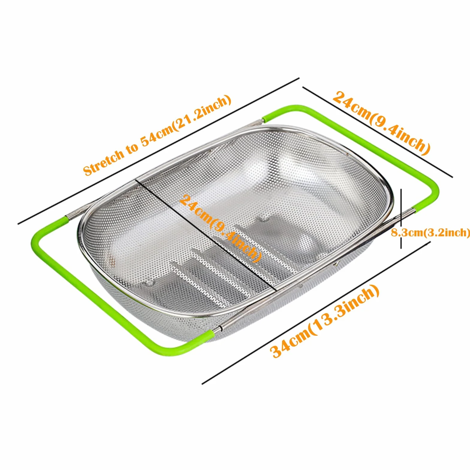 Scolapasta estensibile da posizionare sul cestello del lavello (38–54 cm), scolapasta a maglia fine per la cucina, per scolare gli alimenti e riporre le stoviglie – Scolapasta da lavello verde