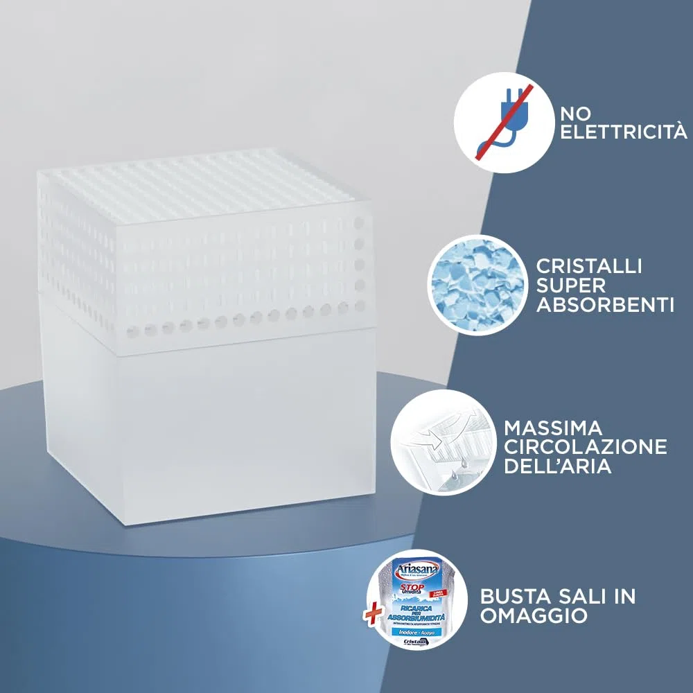 Ariasana Assorbiumidità Kit Mini 1+1 Inodore, Deumidificatore Spazi Ridotti, Ariasana Assorbiumidità per Cucina, Bagno, Ufficio, Mini Deumidificatore Formato Convenienza, 2 Kit + 1 Ricarica Sali 450g