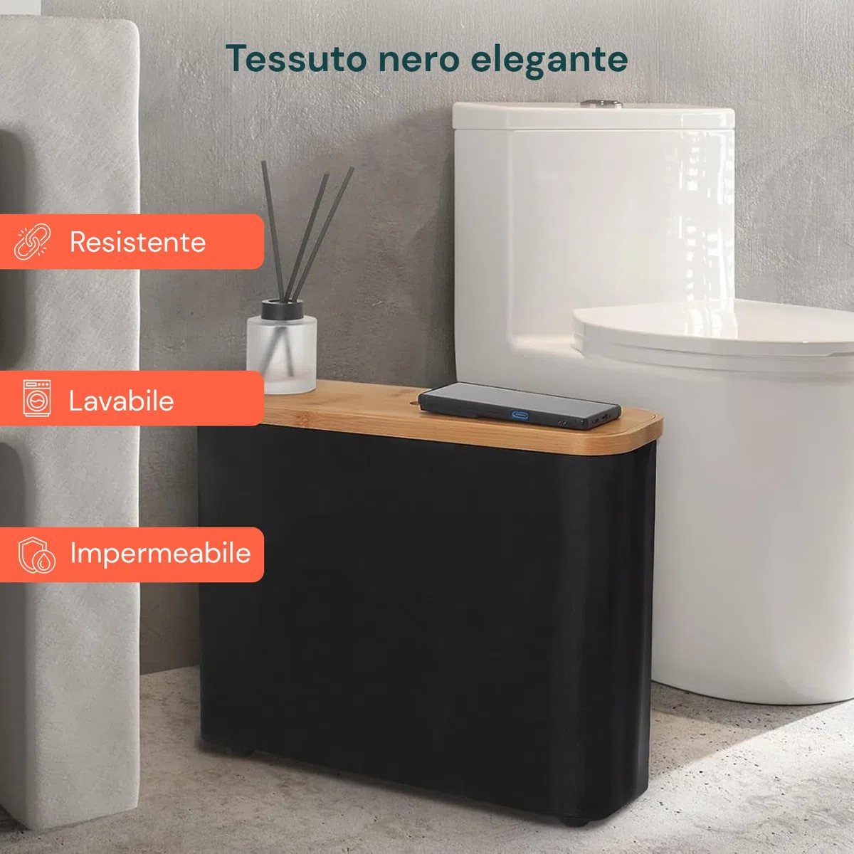 Avilia - Porta Carta Igienica in Tessuto Nero con Coperchio in Bambù Naturale, Design Elegante e Compatto per Accessori Bagno, Facile da Spostare e da Pulire, Capienza fino a 12 Rotoli