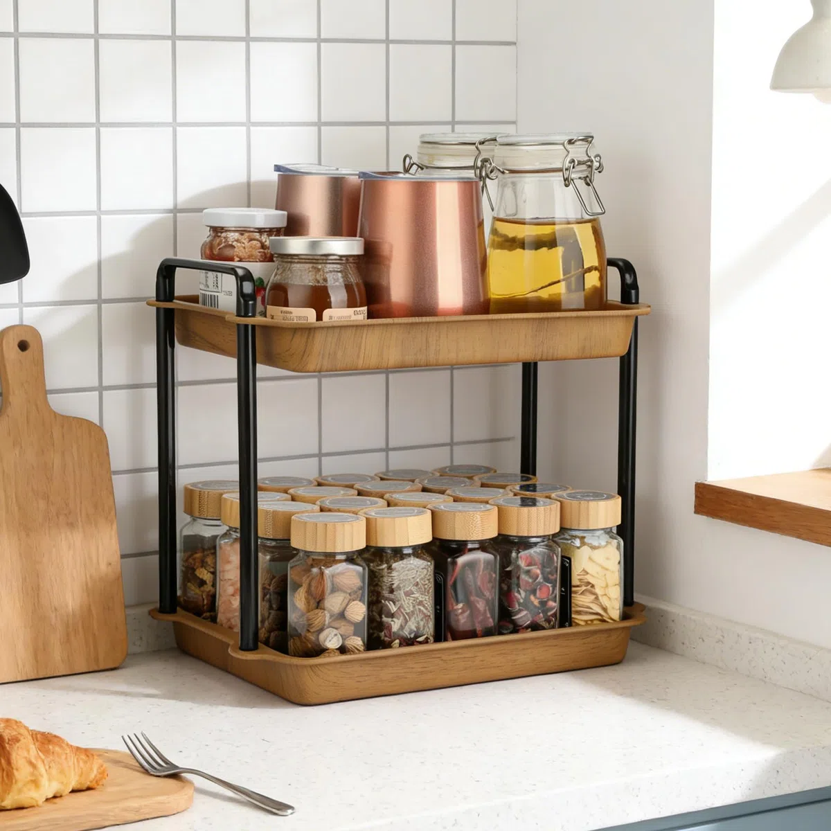 VINATO Scaffale 2 Ripiani, Organizzatore per Cucina in Acciaio al Carbonio con Aspetto Legno, Aste di Supporto Rinforzate, per Piano di Lavoro, Cucina, Bagno, Ufficio