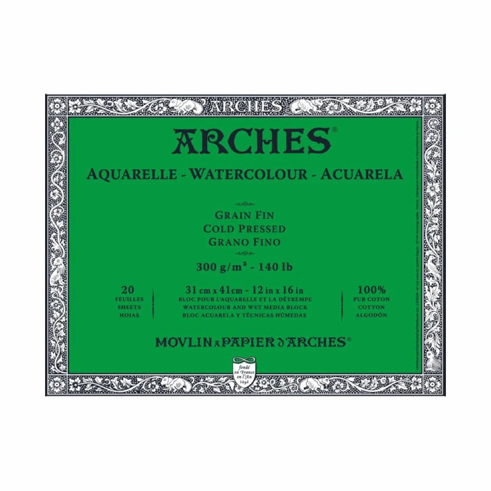 Arches Blocco Per Acquerello Incollato 4 Lati (20 Fogli) - Grana Fina - 300 G/Mq - 31X41 cm
