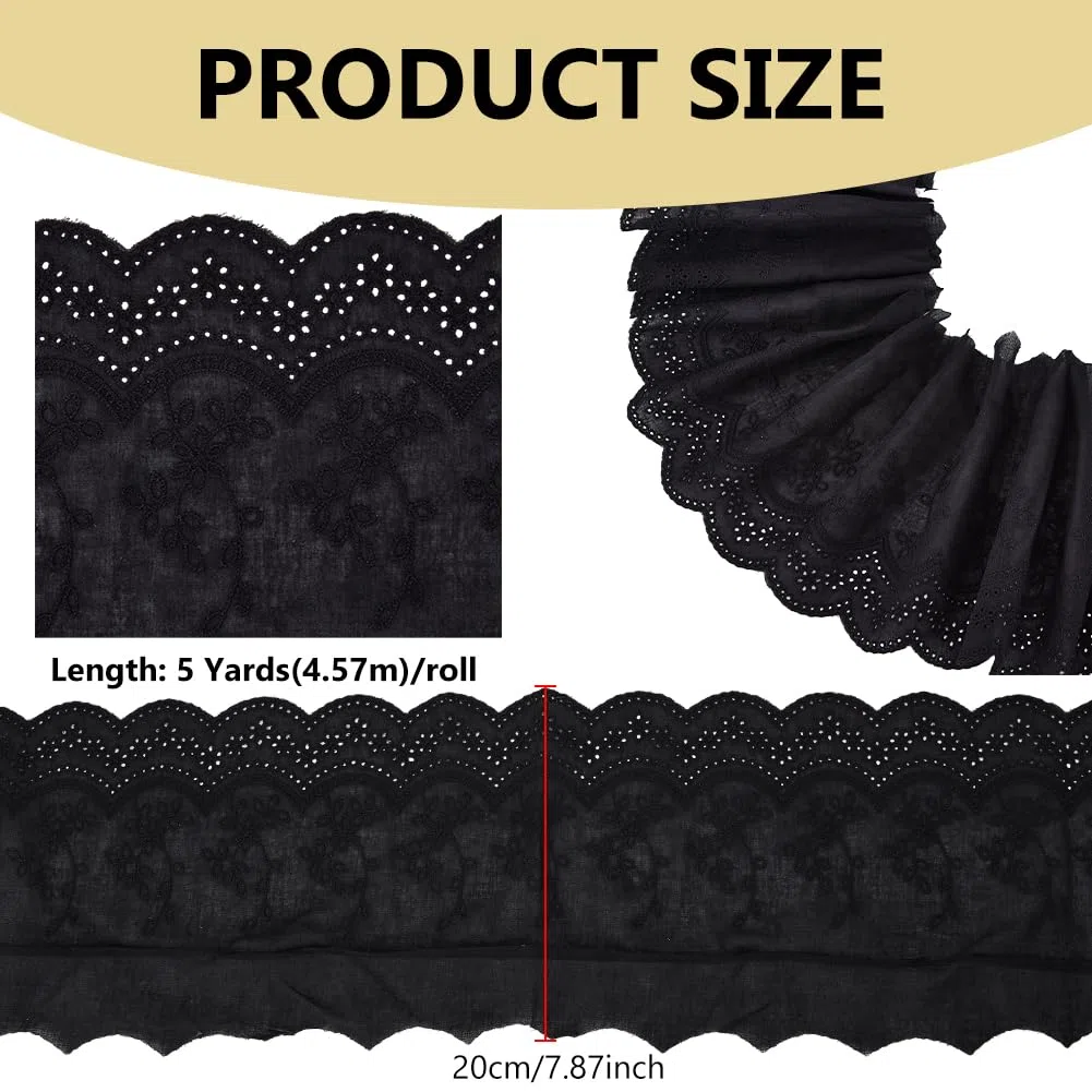 BENECREAT 4.6m di Pizzo con Occhielli In Cotone Nero, Pizzo Smerlato Ricamato Largo 20cm per Cucire Abiti, Borse, Vestiti, Animali Domestici, Decorazioni