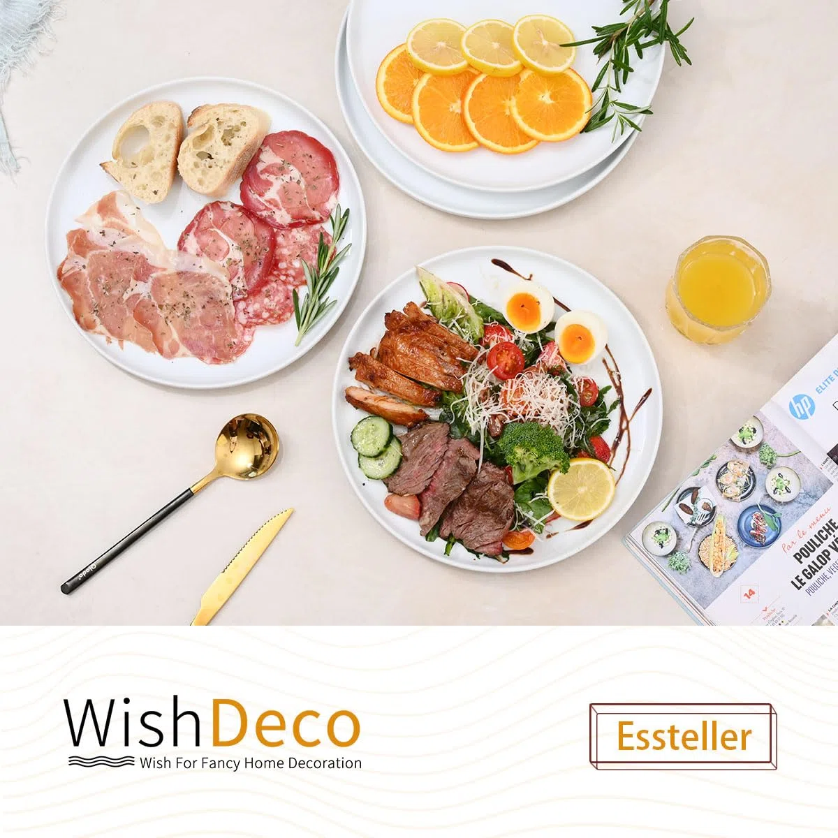WishDeco Set di 4 Piatti Piani, Piatti Pizza Ceramica 27 cm, Piatto Moderni Bianchi, Piatto da Portata Grande, Servizio Plate Rotondi per Insalata, Pasta, Bistecca, Panino