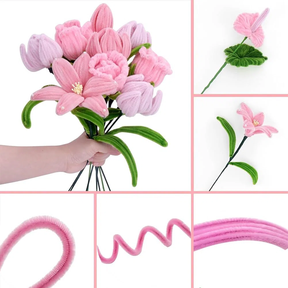 Pulitori per Pipe Rosa Set di Pulitore per Pipe Fiori per Fai da Te con Bastoncini di Fiori Rotoli di Nastro Stick di Colla Confezioni di Bouquet Nastri Stami