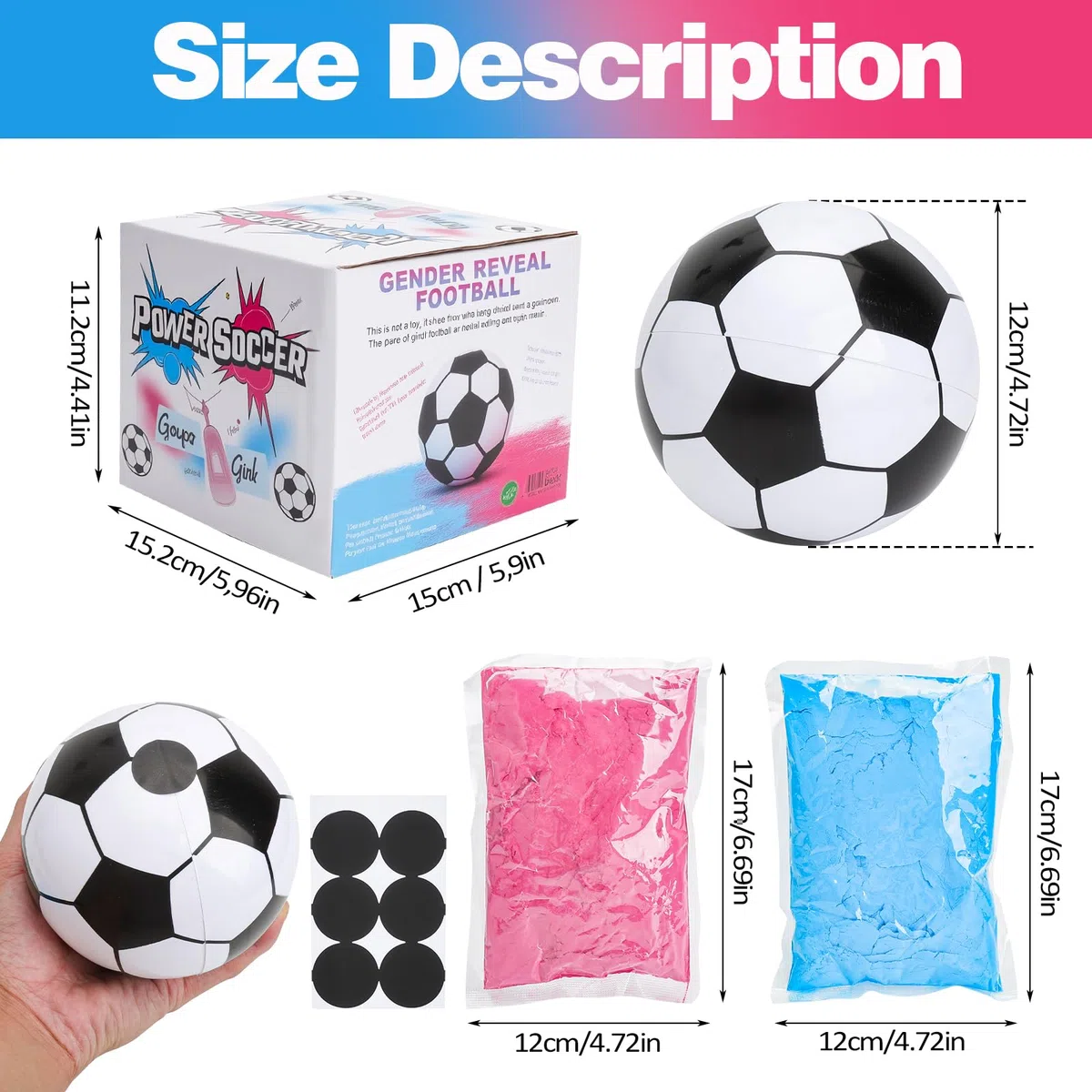 Pallone Gender Reveal 12 cm – Con polvere commestibile blu o rossa – Kit completo con 6 adesivi neri – Effetto spettacolare per foto e video, perfetto per Gender Reveal Party con fumogeni colorati