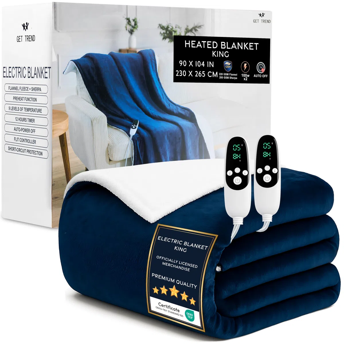 Get Trend Coperta Riscaldante Elettrica King 230x265 cm, Plaid in Pile Sherpa, 9 Livelli, Timer 12 Ore, Riscaldamento Elettrico Rapido, Idea Regalo Cosy (Blu Navy, King EU)
