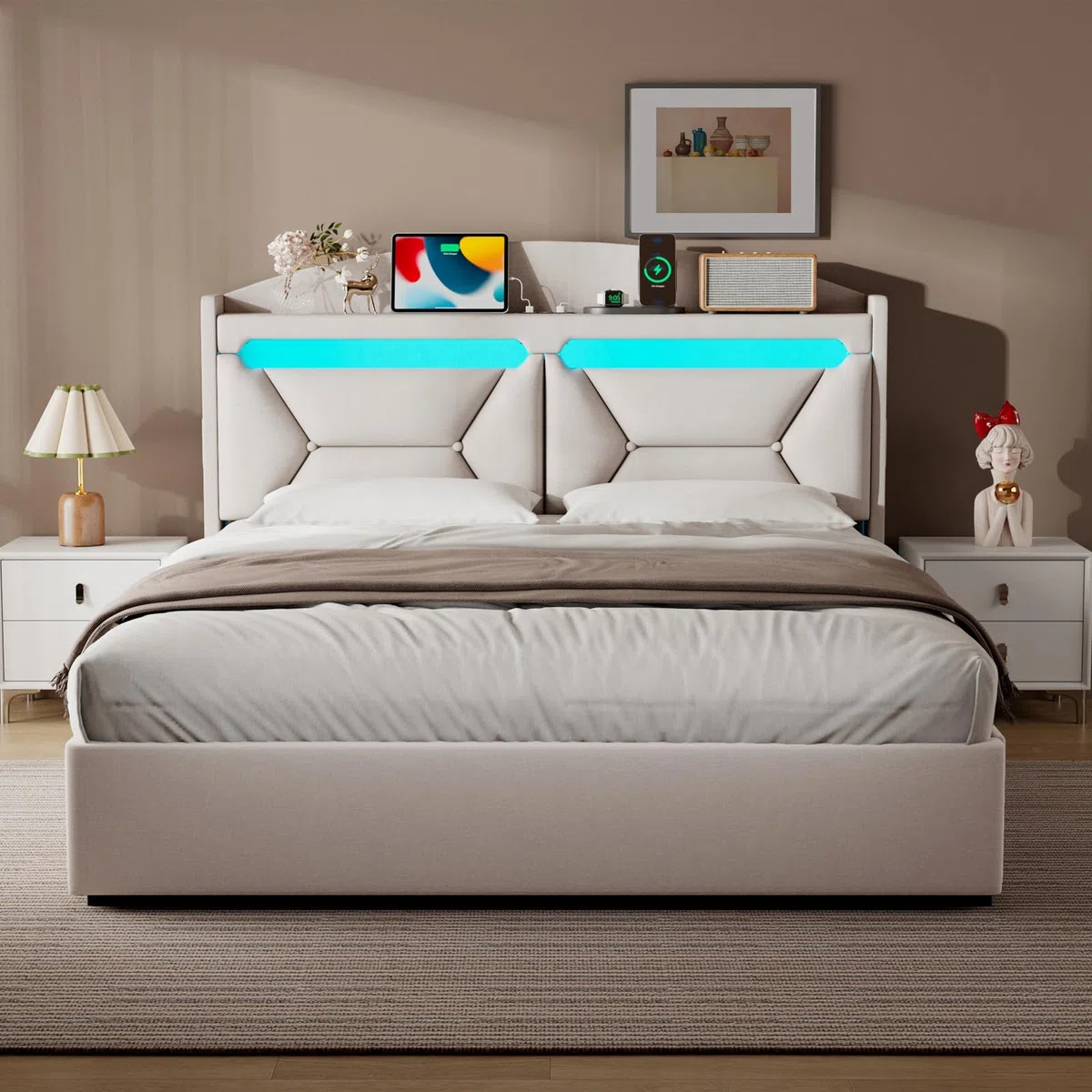 Letto Matrimoniale con Contenitore 140x200 cm, Letti Matrimoniali con LED, USB e Type-C, Letto Contenitore Idraulico, Letti Matrimoniali con Doghe, Beige Lino, Senza Materasso