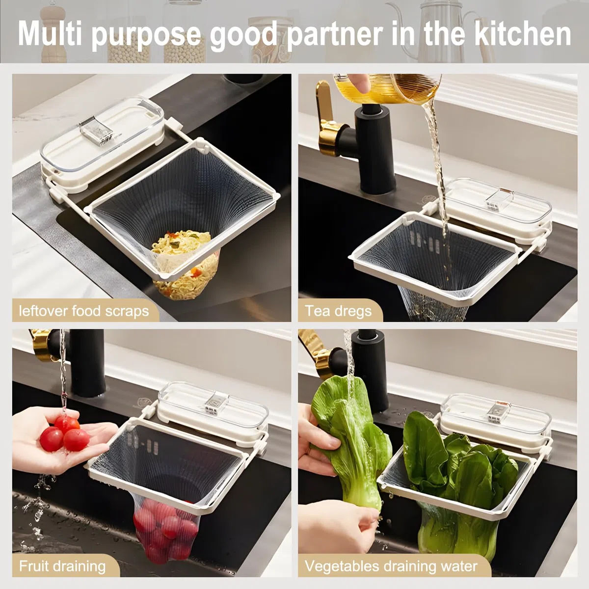 Colino per lavello in ferro scolapasta rimovibile assorbente per la cucina con 50 sacchetti filtranti lavandino scolapasta cucina per filtrare verdure frutta rifiuti cucina (bianco argento)