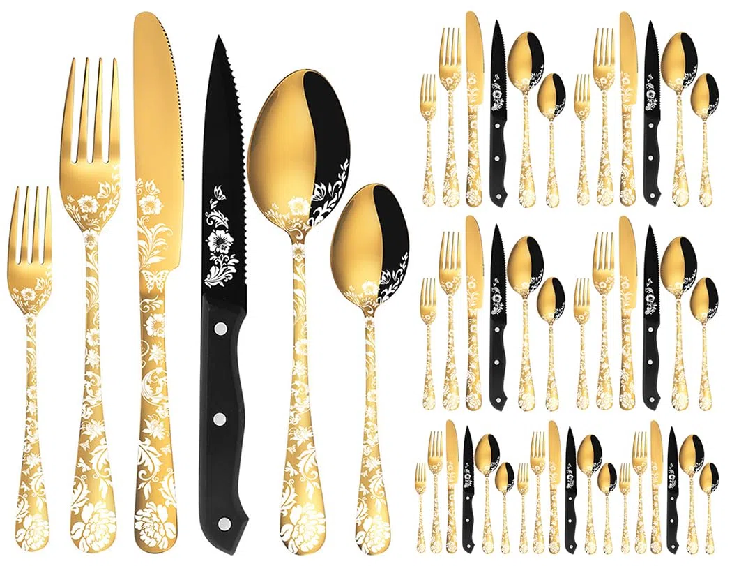 XIAOYU Set di posate da 48 pezzi con coltelli da bistecca, set di posate in acciaio inossidabile per 8 persone, set di coltelli forchette cucchiai con laser unico a forma di fiore di peonia