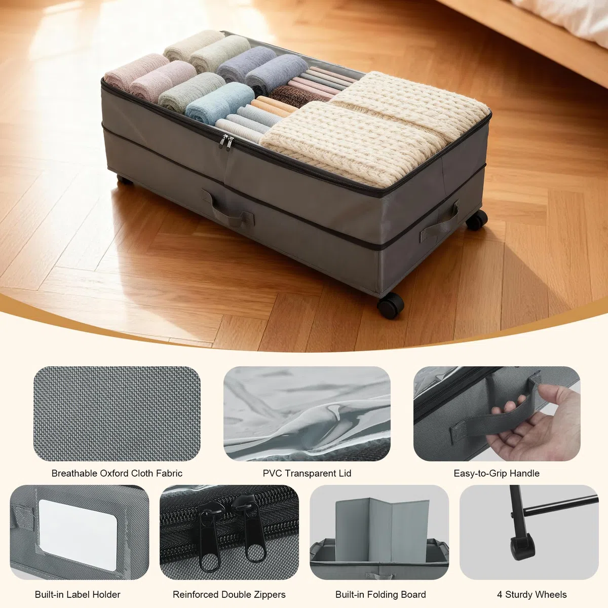 Cassettiera sotto il letto regolabile con ruote, 63 – 90 l, XXL, con 3 maniglie, contenitore con coperchio, in tessuto per vestiti, scarpe, biancheria da letto