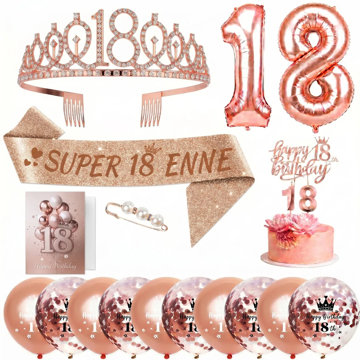 Kit Decorazioni Compleanno Donna Oro Rosa, con Fascia, Diadema, Palloncini, Cake Topper, Candeline e Biglietto di Auguri, 18 30 40 50 60 70 80 Anni (18 Anni)