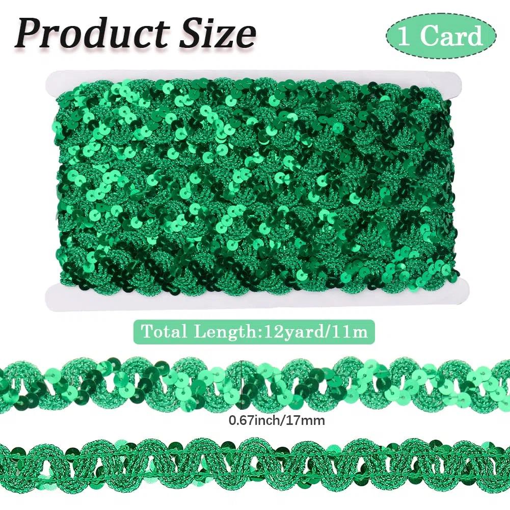 11M Nastro di Paillettes Verde Ricamo Glitter Paillettes Nastri di Poliestere Strisce Ondulate Rotonde Piatte per Cucire Decorazioni Natalizie Confezionamento Regalo Forniture per Artigianat