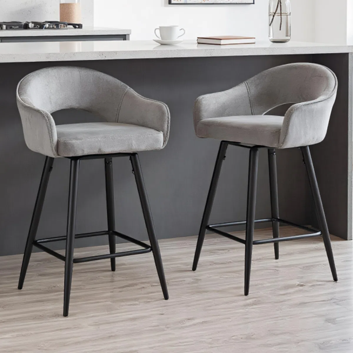 chairus Set di 2 Sgabelli da Bar in Velluto Sgabelli Cucina Sgabelli Alti Sgabello Girevole con Gambe in Metallo per Bancone/Cucina, Grigio