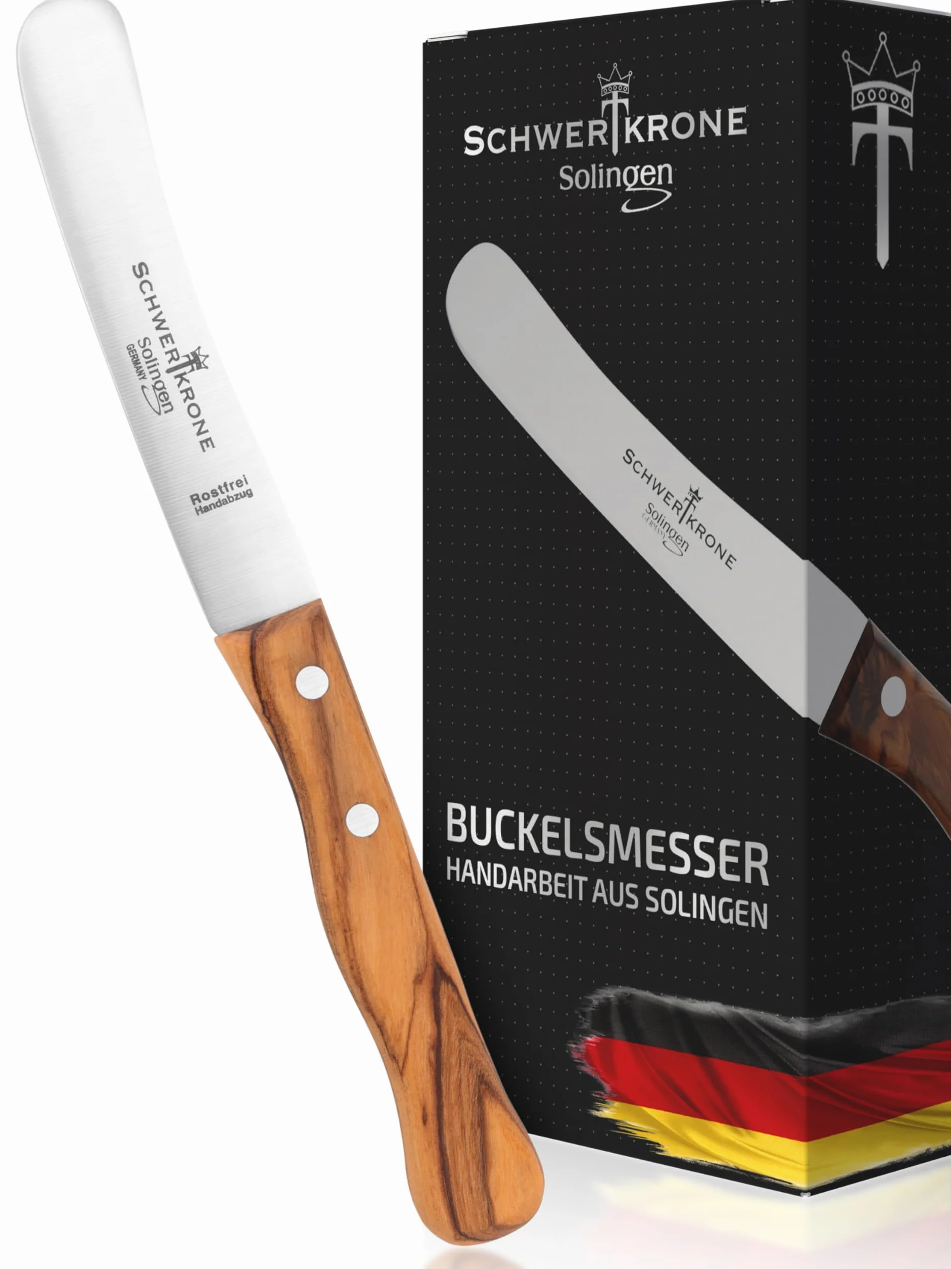 Schwertkrone Coltello a gobba – Il coltello originale per la colazione in Solingen – acciaio inox – acciaio inox – taglio a desiderio, legno d'ulivo – coltello per pane