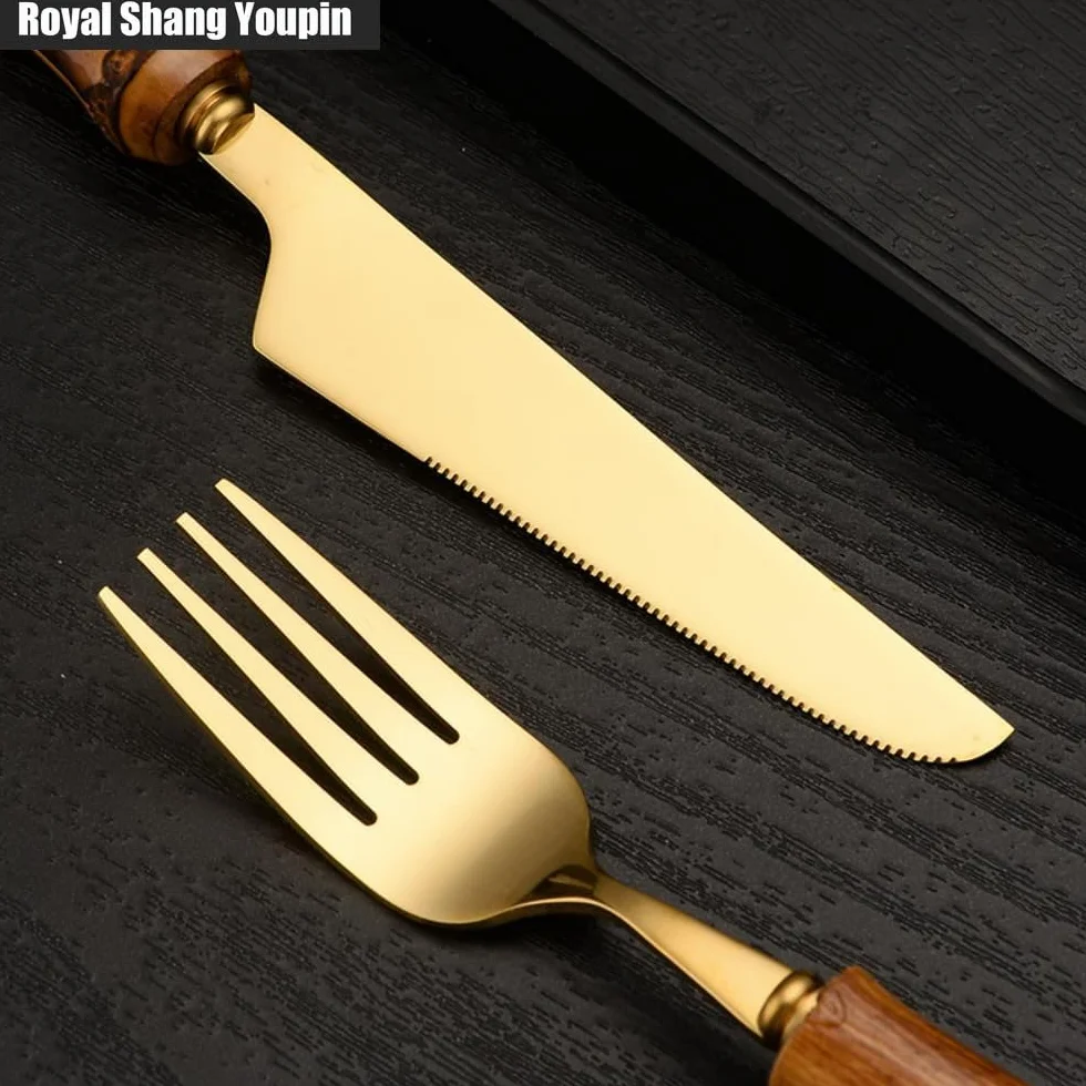 In Primo Piano Manico in Bambù Autentico Cucina Acciaio Inossidabile Posate Stoviglie Posate Coltelli Forchette Cucchiai Set Coltello Da Bistecca Per (Oro,20 pezzi)
