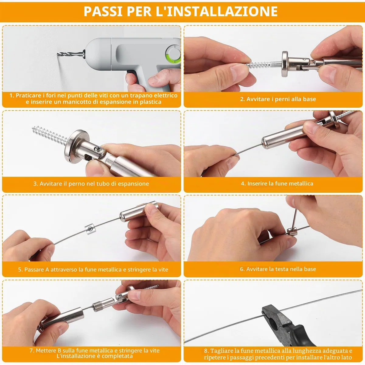 Cavo Acciaio per Tende, 5 Metri Filo in Acciaio Inox, Corda di Tensionamento, Cavo Stendibiancheria Metallico per Esterno Tenda Quadri Bucato