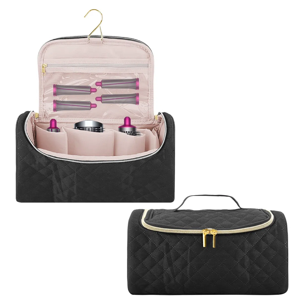 Linkidea Borsa da viaggio compatibile con Dyson Airwrap Styler, custodia portatile per asciugacapelli da appendere con tasche laterali in rete, organizer per asciugacapelli (nero), Nero, m