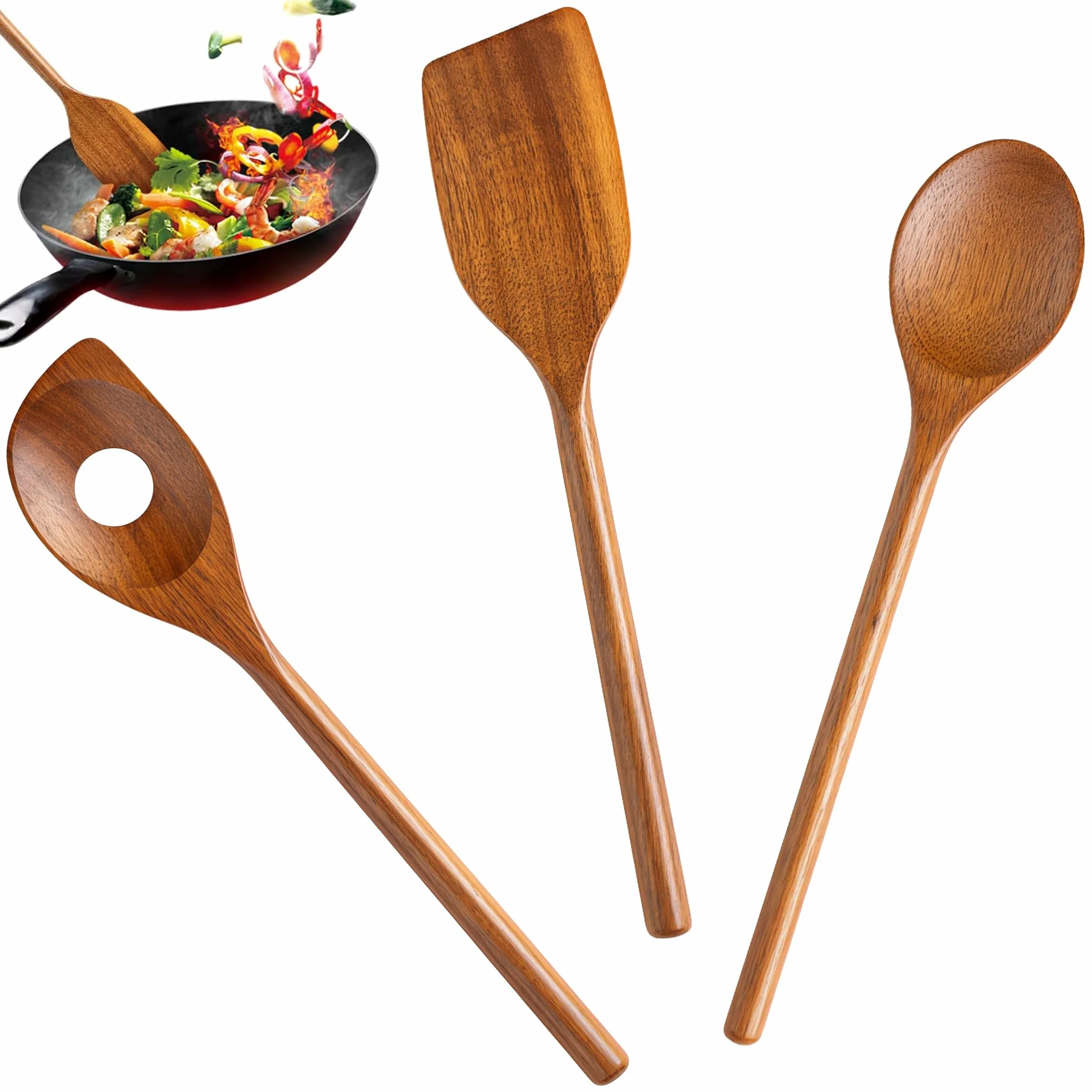 Kit di cucchiai da Cucina in Legno, 3 Pezzi di cucchiai di Legno per padelle antiaderenti e pentole di terralla, Utensili da Cucina in Legno di Acacia Resistenti e antibatterici