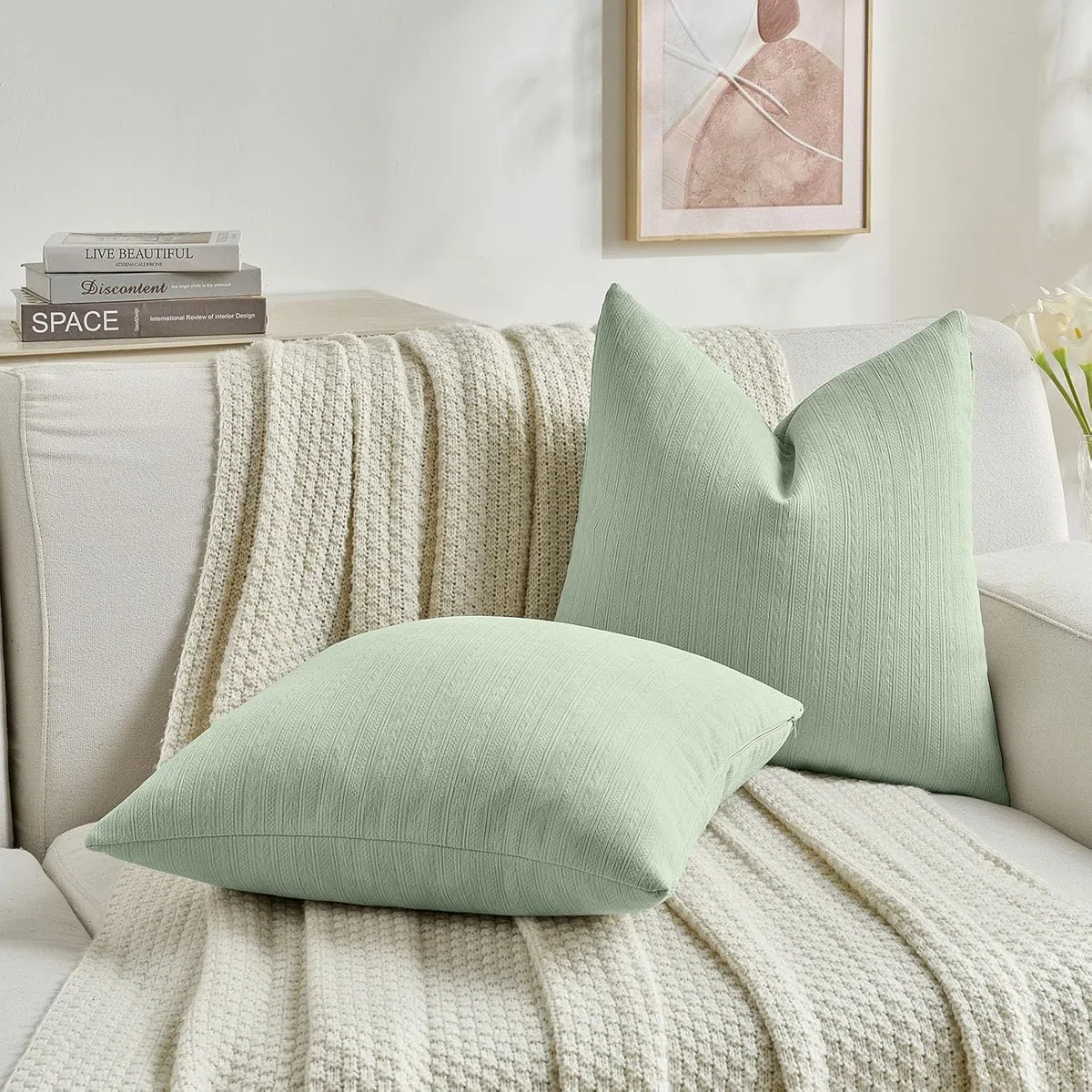 Ystyle Federe Cuscini Divano 50x50 Set da 2, Federe per Cuscini Arredo con Motivo a Spighe, Divano Copricuscini Moderno Morbido Resistenti, per Soggiorno Camera Balcone Esterno, Verde Salvia