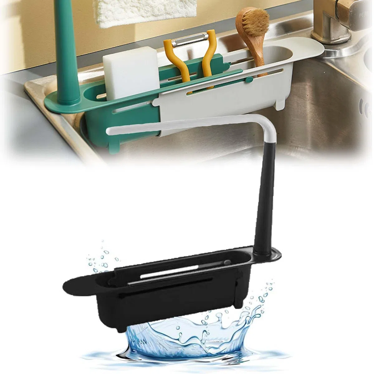 Porta Spugne Lavello Cucina 32-38CM Scalabile Porta Spugna Cucina Lavello Organizer Lavello Cucina Portaspugne per Lavello Cucina Porta Spugne Cucina per Disporre Stracci Spugne (Nero)