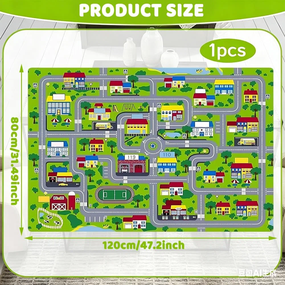 Tappeto con Tracciato Stradale Cartoon, Tappeto Mappa Città, Carpet in Fibra di Poliestere,Carpet Decorativo Antiscivolo e Lavabile per Ambienti Domestici-80x120cm