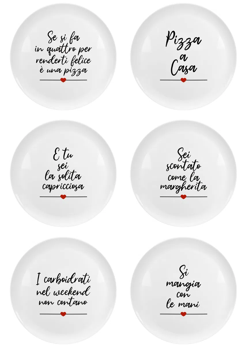 IlGruppone Set di 6 Pezzi Piatti per Pizza Grandi in Melamina Ø 33 Cm Piatto Cucina Pizze Piatti Piani XXL Decorati con Scritte Moderni Certificati Contatto Alimentare