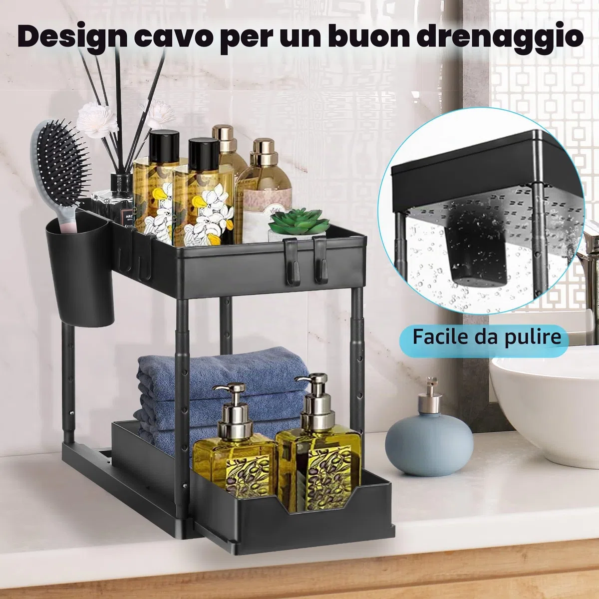 Eufrozy Confezione da 2 Organizer Sottolavello a 2 Ripiani, Ripiani Sottolavello con 8 Ganci e 2 Tazze e 1 portasapone, Scaffale Multiuso Regolabile in Altezza per Cucina, Bagno, Nero