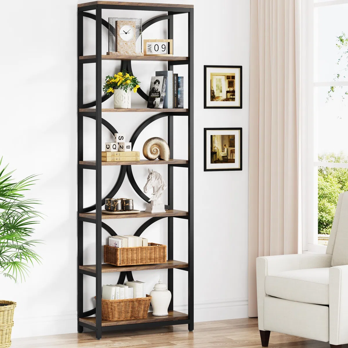 Tribesigns Libreria a 6 Ripiani, Alta 200 cm con Ripiani Aperti, Scaffale Portaoggetti Indipendente Industriale, Verticale Organizer per Libri, per Casa, Ufficio, Camera da Letto, Studio