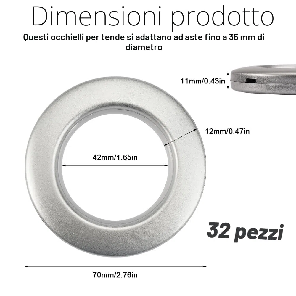 32 Pezzi Anelli per Tende in Plastica, Occhiello a Basso Rumore, Occhielli per Tende 42 mm, Anelli Rotondi per Occhielli, per Tende, Tende da Doccia, Tende per Porte (Argento Opaco)