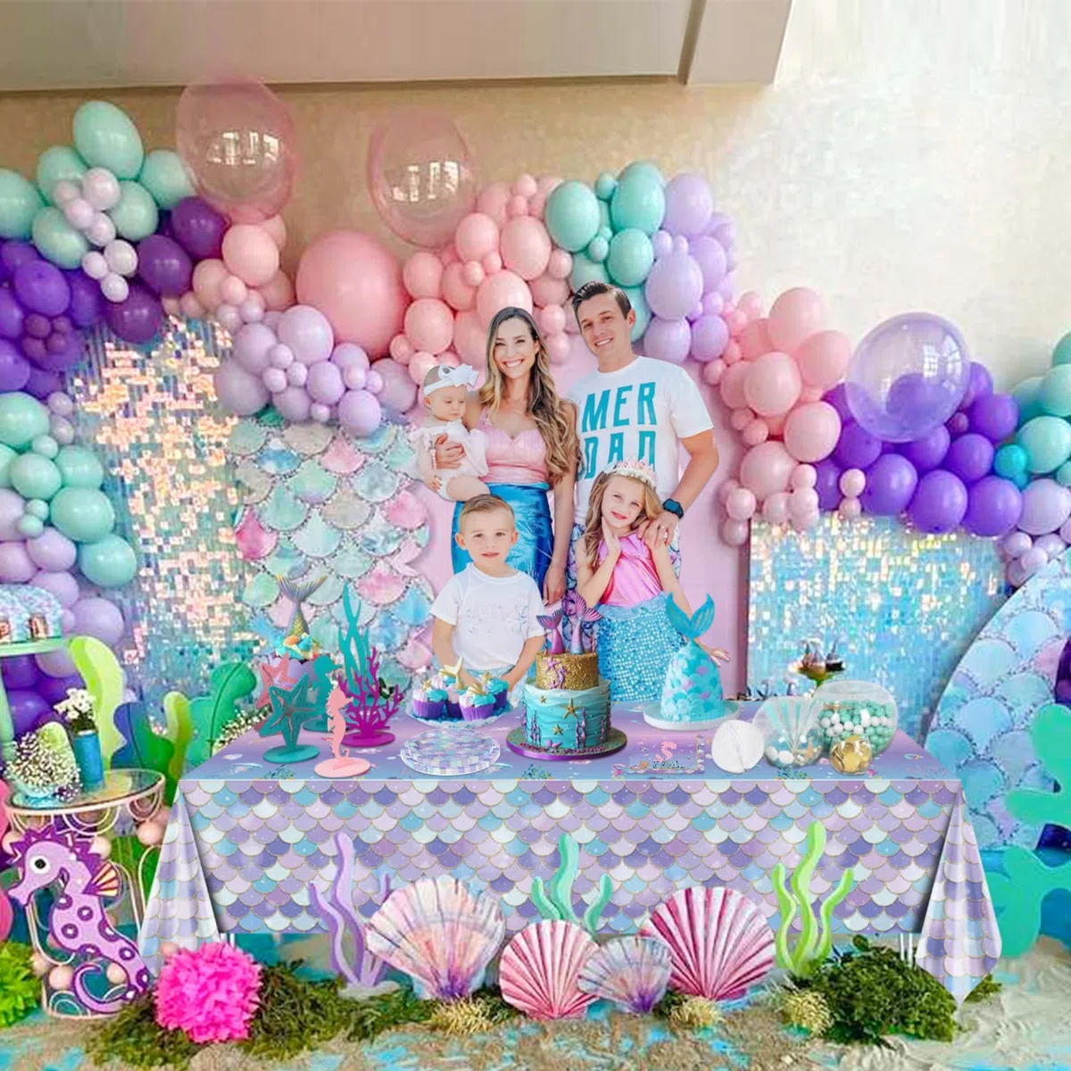 Set da 61 Pezzi per Decorazioni a Tema Sirena - Tovaglia, Piatti e Tovaglioli per Festa di Compleanno - per 20 Persone