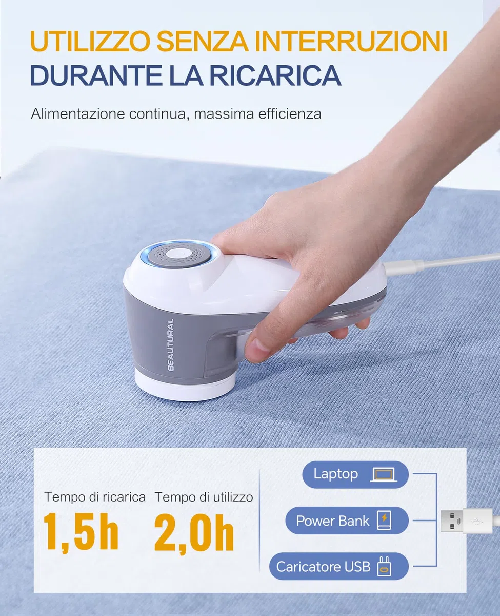 BEAUTURAL Leva Pelucchi Elettronico, Levapelucchi Ricaricabile tramite USB-C, con 6 Lame, Rimuove Pelucchi, Pallini e Pilling da Indumenti, Maglioni e Tessuti d’Arredo