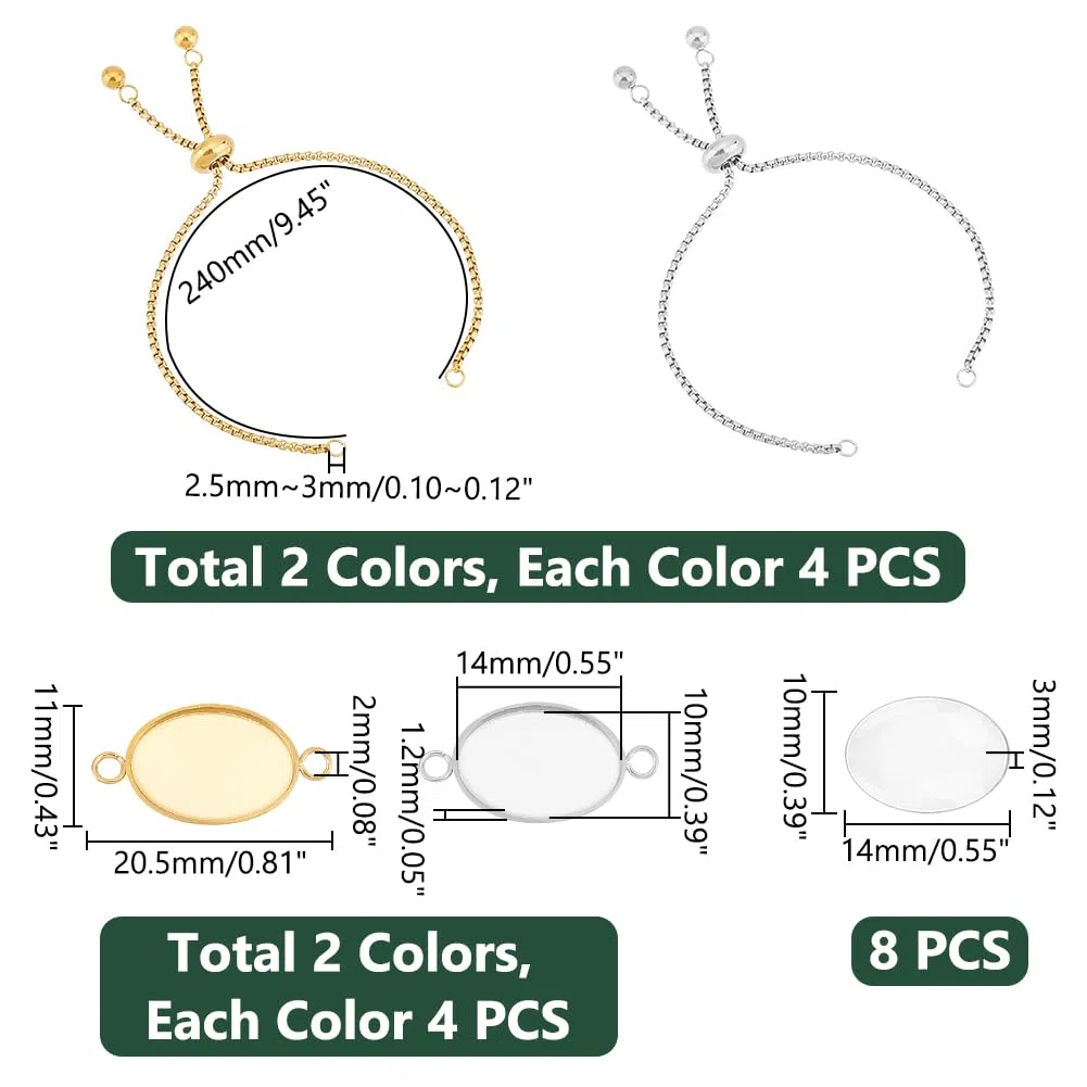 UNICRAFTALE 8 Set 2Colori In Acciaio Inossidabile Fai Da Te Kit per Creazione di Braccialetti A Maglia Ovale Vuoto Regolabile Cursore Catena con Connettore Cabochon Ovale Lunetta con Cabochon In Vetro