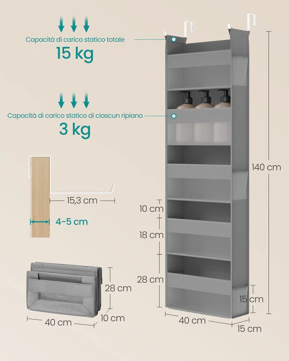SONGMICS Portaoggetti da Appendere, Organizer da Porta in Tessuto, Rete in Nylon Trasparente, Pieghevole, Ganci in Metallo, Tasche Laterali, Grigio Tortora RDH007G01
