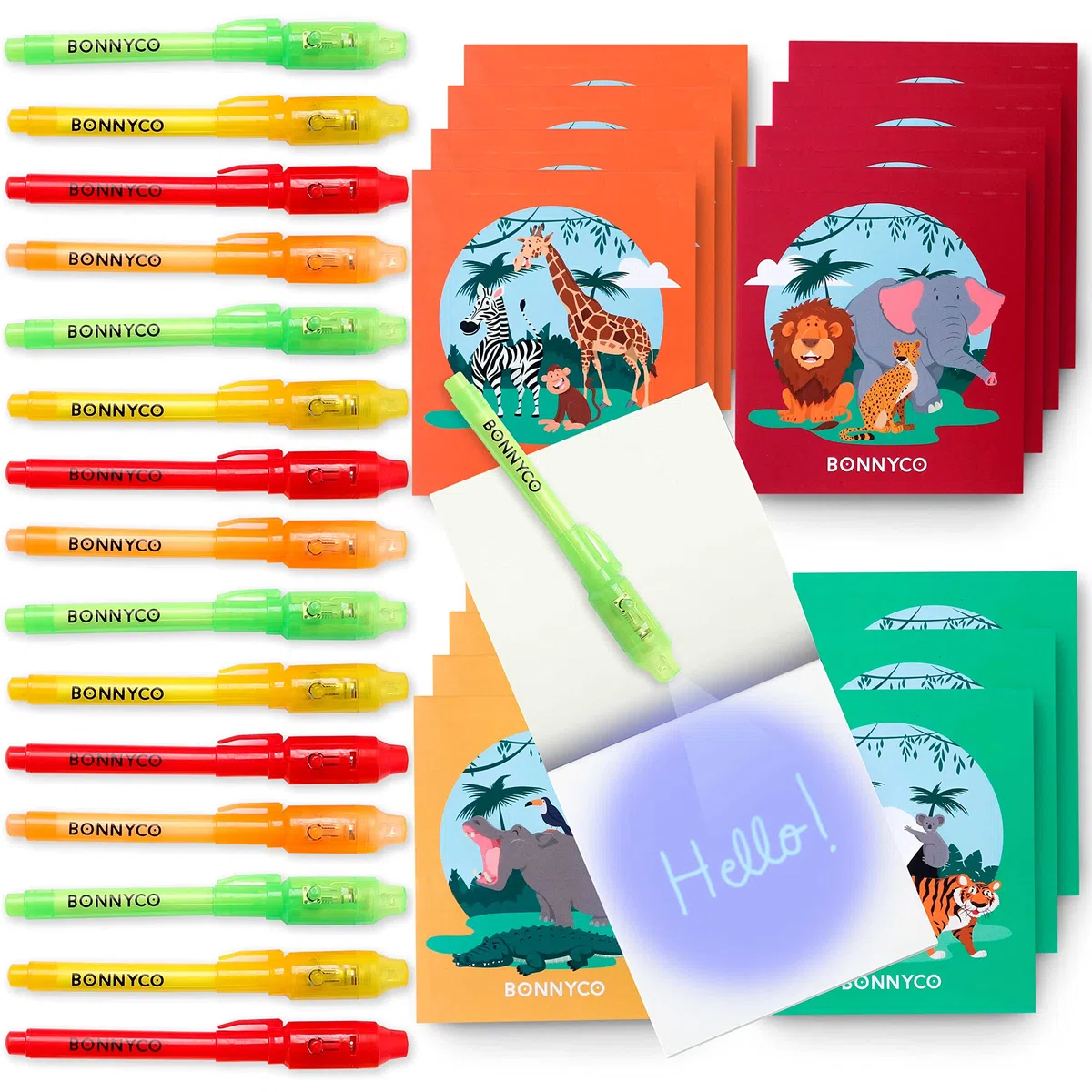 BONNYCO Penna Invisibile e Taccuino, 16 Pezzi Animali Giungla Gadget Compleanno Bambini. Regalini Fine Festa Compleanno Bambino, Regalino Fine Festa Pignatta. Penne Magiche, Gadget Bambini Animali