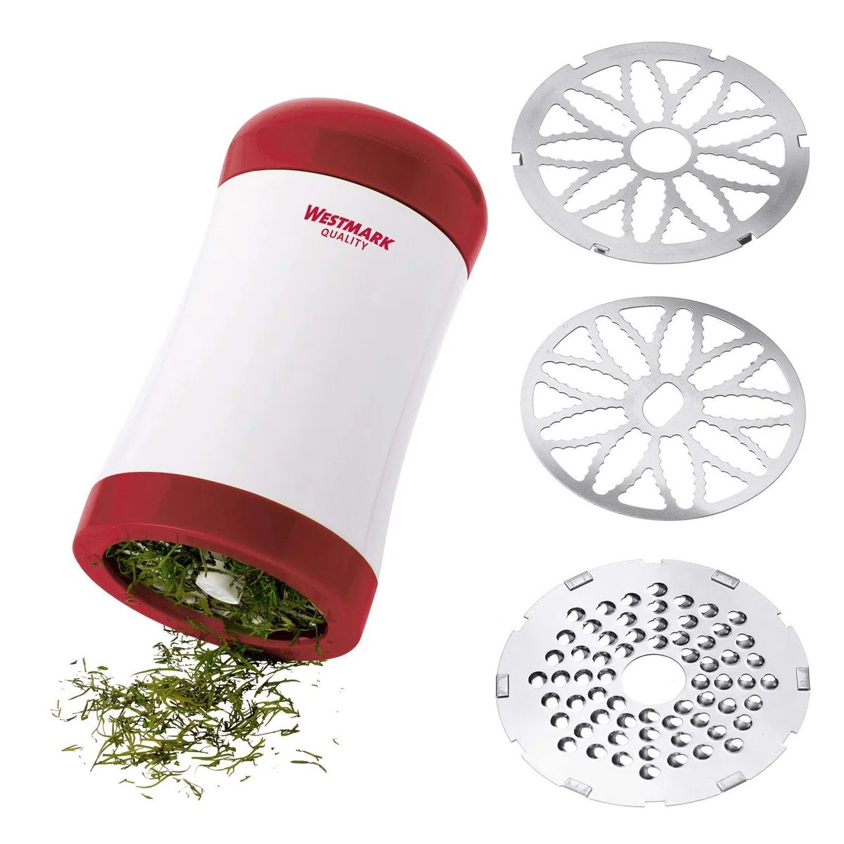 Westmark Macinino/Grattugia per formaggio, 2 in 1, Con dischi affilati intercambiabili, 7,5 x 7,5 x 13,4 cm, Acciaio inox/Plastica, Bianco/Rosso, 11602260