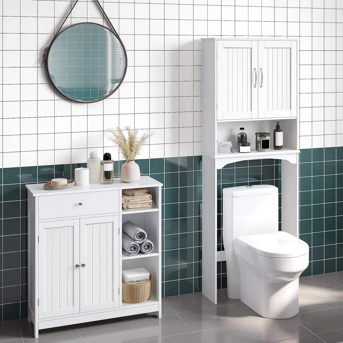 Yaheetech Mobile da Bagno Armadietto Autoportante con Scomparti Mobiletto Multiuso da Terra con Cassetto e Ante 75 x 30 x 80 cm Armadio Salvaspazio con Ripiano Regolabile Moderno Bianco