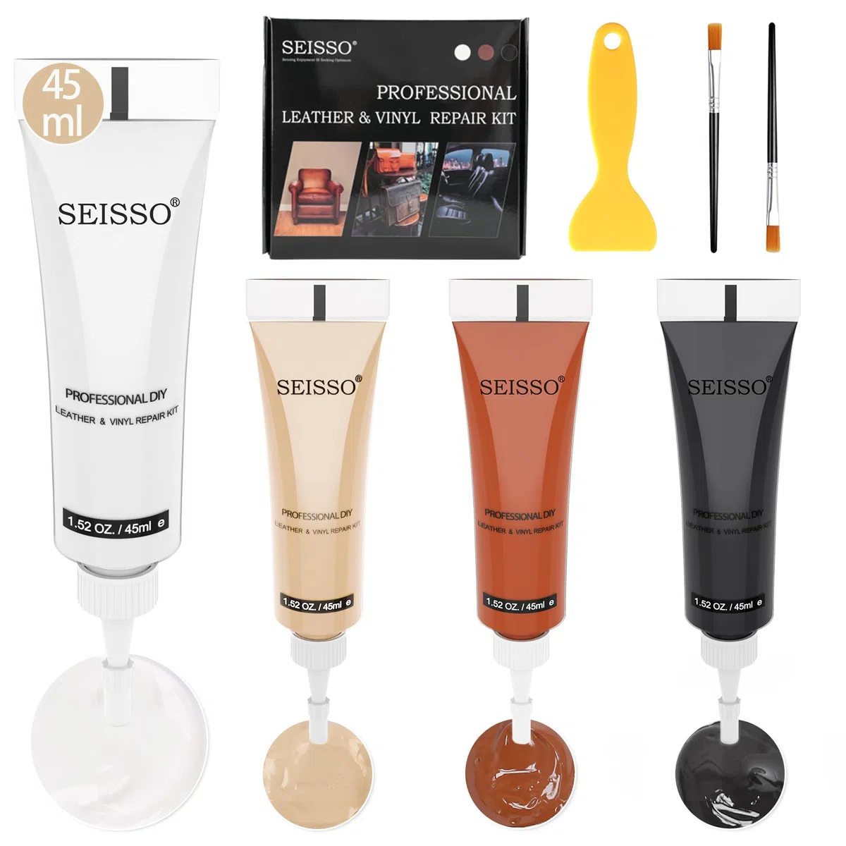 SEISSO Kit Di Riparazione In Pelle, 4 Colori X 45 ML Di Crema Per Riparazione Graffi, Strappi, Ustioni Sulla Pelle, Adatto Per Automobili, Mobili, Divani, Giacche Di Pelle, Giacche