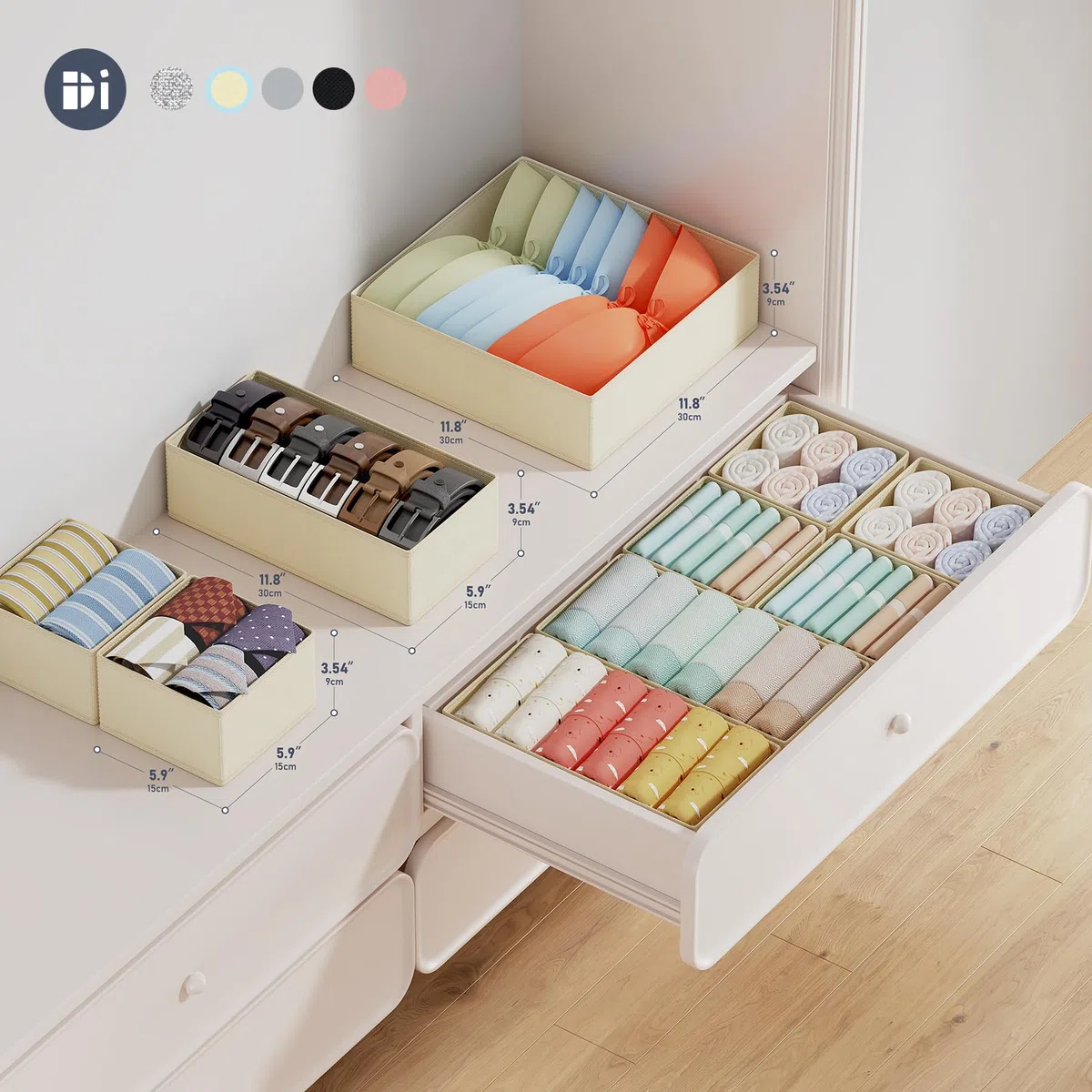 DIMJ Organizer Cassetti, Cassetto Organizer, Divisori per Cassetti, Organizzatore Armadio Pieghevole Organizzatore, Contenitori per Armadio Salvaspazio, Tessuto Non Tessuto, 12 Pcs, Beige