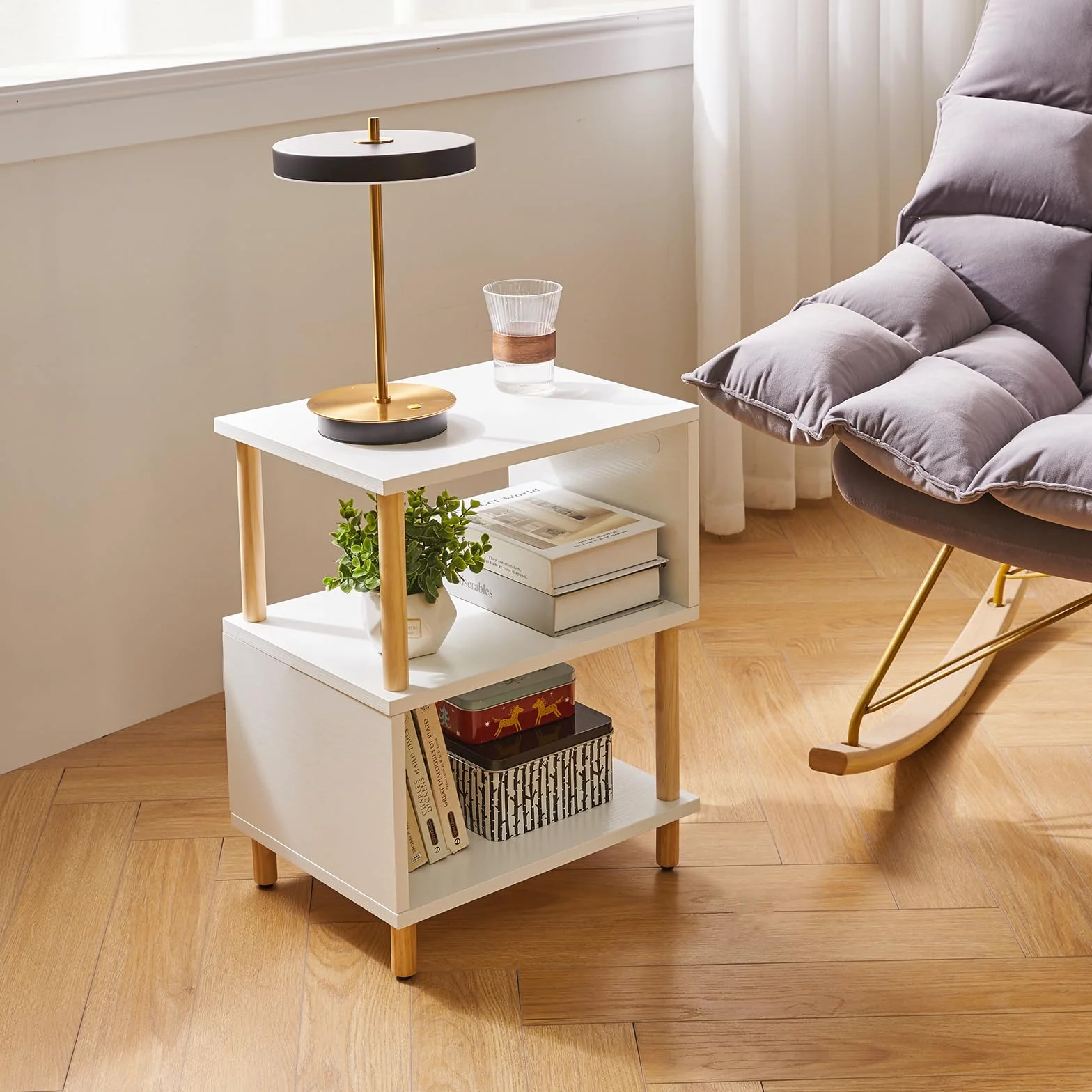Aibiju Tavolino Bianco, Tavolino Piccolo, Comodino Moderno con contenitore per Camera da Letto/Soggiorno/Corridoio/Ufficio, Bianco+Gambe in Legno Naturale, YD-TM152W