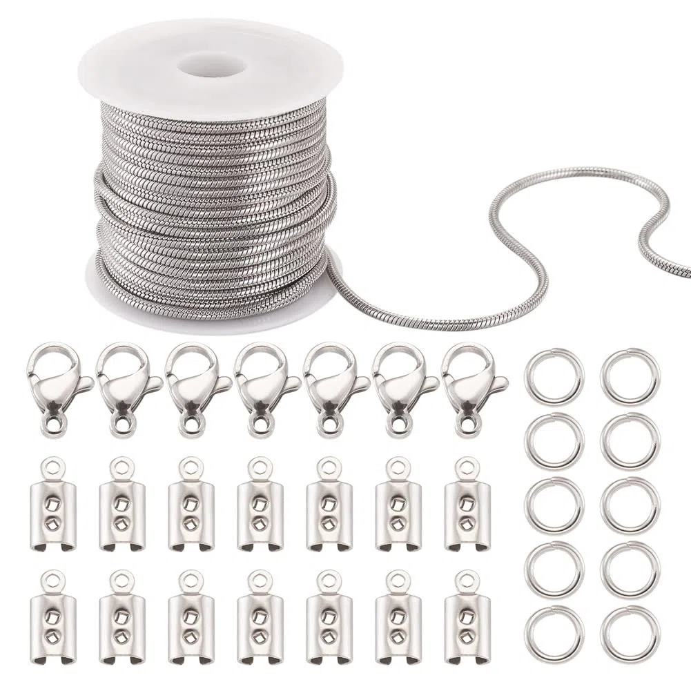 Craftdady 5M Catena in Acciaio Inox Rotonda a Serpente con Anello a Molla Moschettone e Gemme per Catene Fai Da Te Kit per Realizzare Collane Gioielleria per Uomini Donne