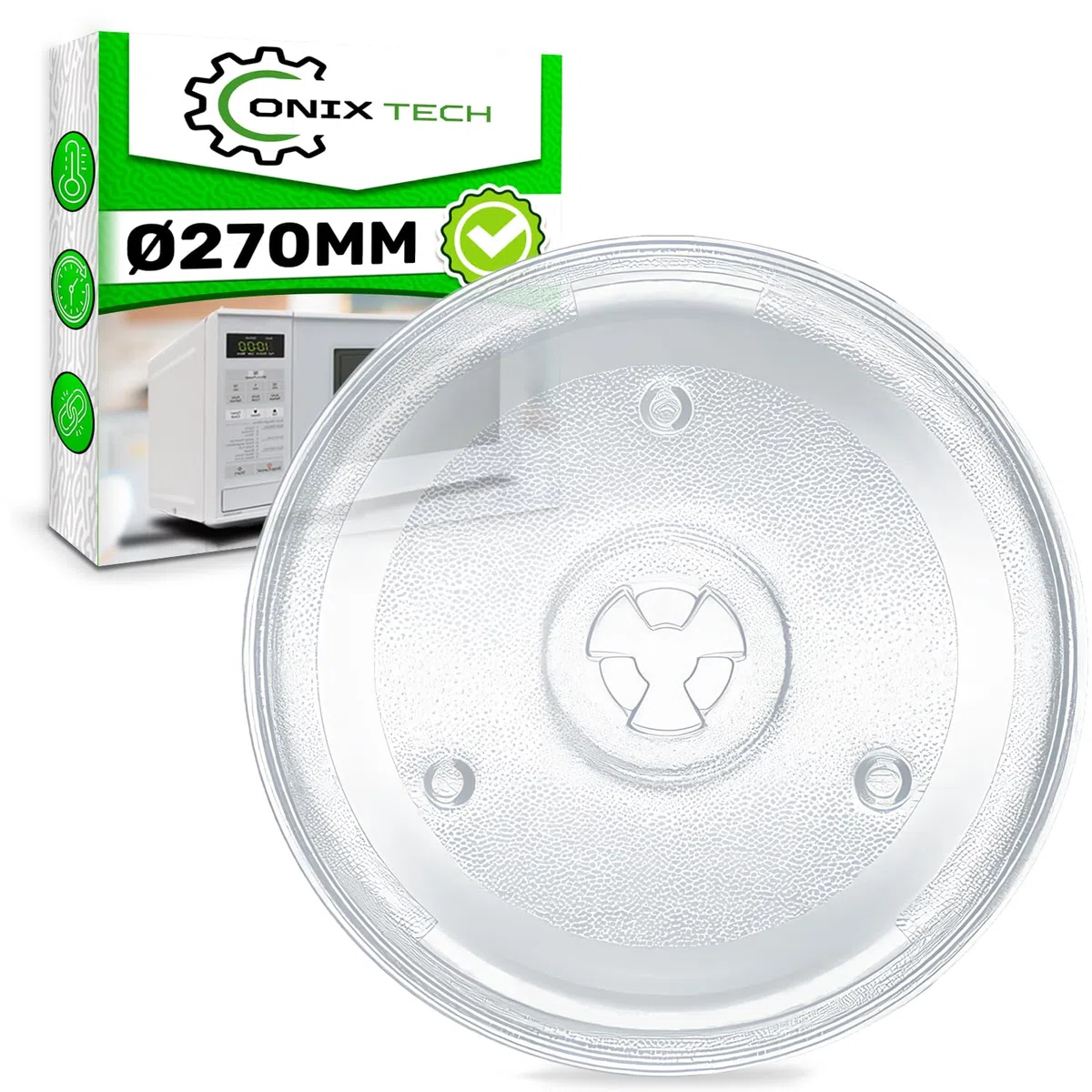 Vetro Piatto Microonde Universale con Diametro Ø 27 cm dotato di 3 Piedini di Fissaggio sulla Base con Codice Originale 297544 per Gorenje 482000100016 per Whirlpool per Indesit - ONIX TECH