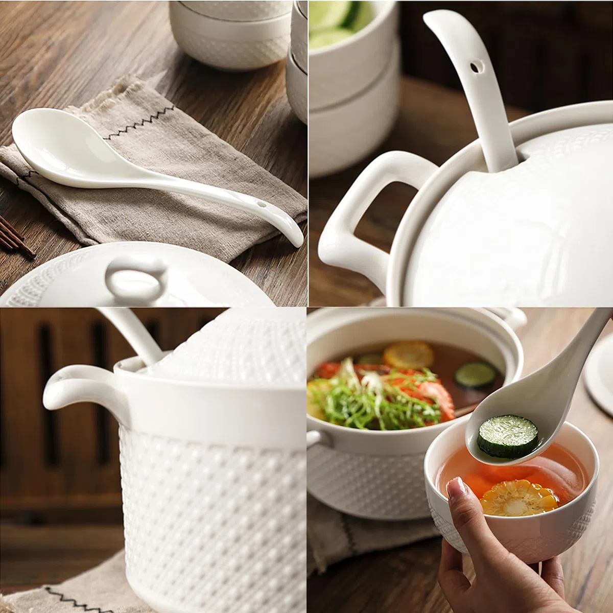 Zuppiera con Ciotole, Ciotola Zuppa in Porcellana con Coperchio e Mestolo Set di Stoviglie Bianche per la Cucina di Casa Ristorante,3.6l+6
