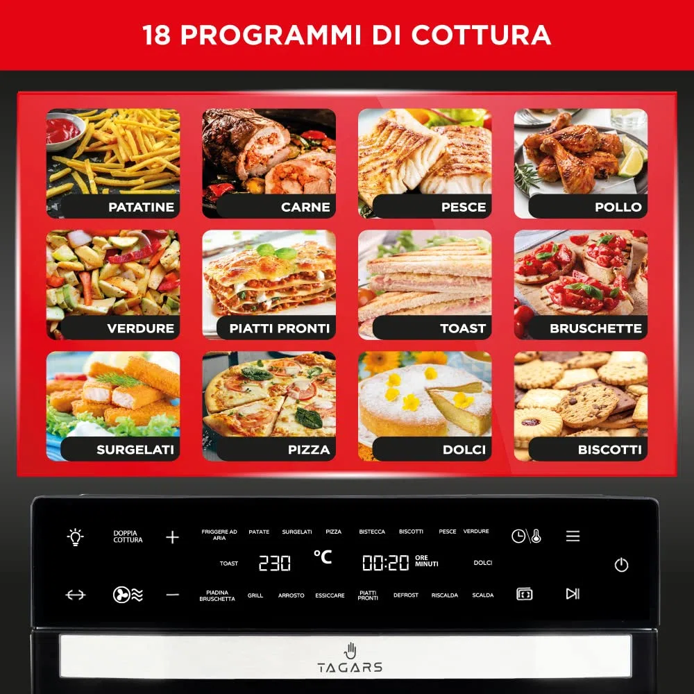 Forno Friggitrice Ad Aria Calda XXL Da 30 Litri Con Display Digitale Multifunzione, Sistema A Riscaldamento Rapido, 18 Programmi Di Cottura, Timer e Temperatura Regolabili 1800 W