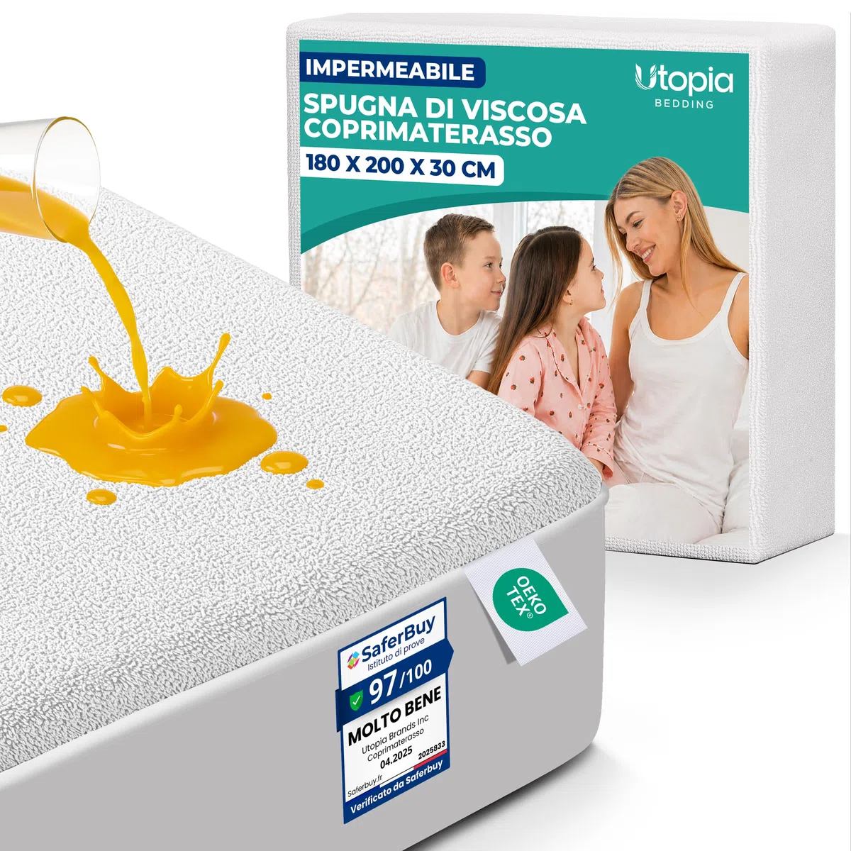 Utopia Bedding Coprimaterasso Matrimoniale Impermeabile 180 x 200 x 30 cm, Viscosa, Oeko-Tex Certified, Proteggi Materasso, Traspirante, Tutto Intorno Elastico